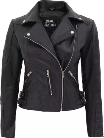 Womens Finest Leather Black Moto Jacket.