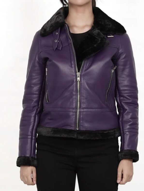 Women's Leather Shearling Bomber Jacket -B3 Purple Jacket.