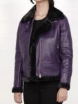 Women’s Leather Shearling Bomber Jacket -B3 Purple Jacket Belted Collar