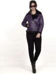 Women’s Leather Shearling Bomber Jacket -B3 Purple Jacket Belted Collar