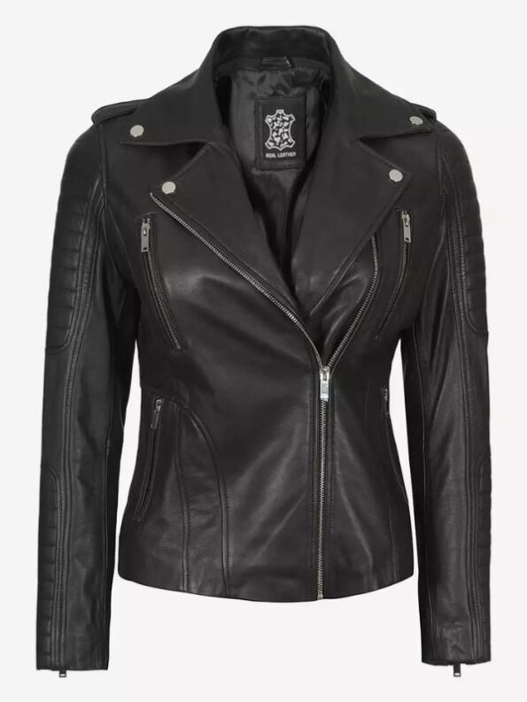 Womens Moto Black Leather Jacket with Hood.