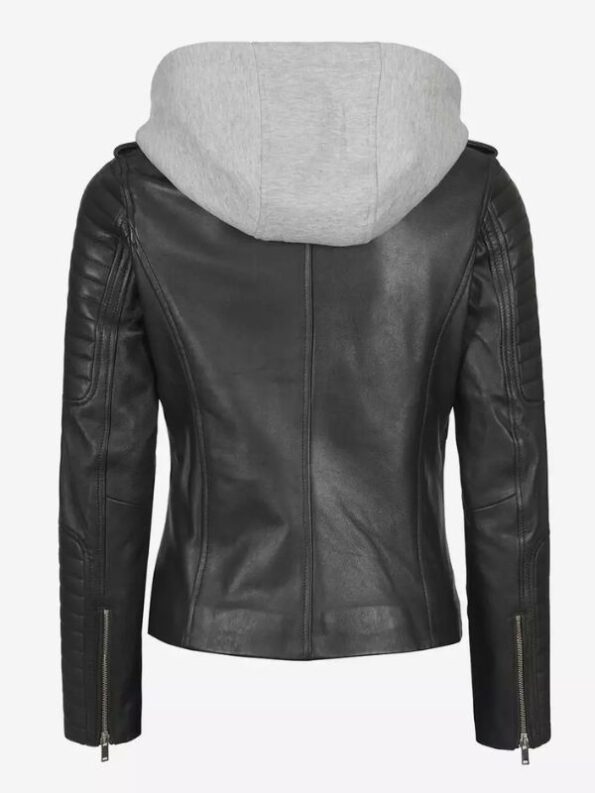 Womens Moto Black Leather Jacket with Hood