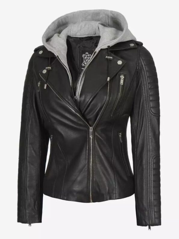 Womens Moto Leather Jacket with Hood