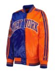 Women’s New York Knicks Starter BlueOrange Split Colorblock Satin Full-Snap Varsity Jacket