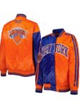 Women’s New York Knicks Starter BlueOrange Split Colorblock Satin Full-Snap Varsity Jacket