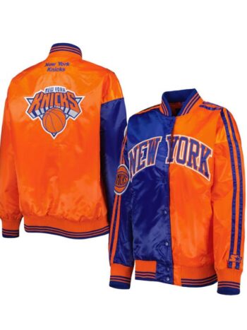 Women’s New York Knicks Starter Blue Orange Split Satin Full-Snap Varsity Jacket.