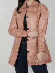 Womens Pink Congac Waxed Button Down Leather Coat