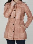 Womens Pink Congac Waxed Button Down Leather Coat