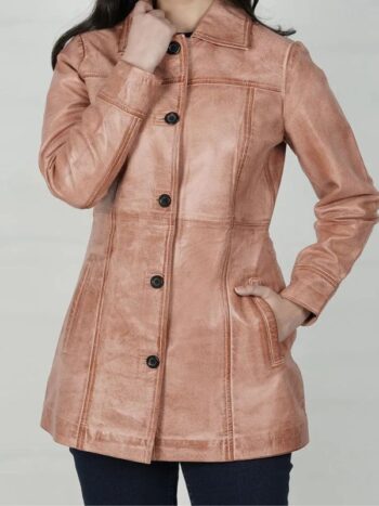 Womens Pink Congac Waxed Button Down Coat