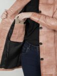 Womens Pink Congac Waxed Button Down Leather Coat