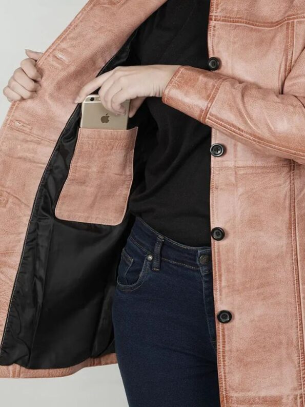 Womens Pink Congac Waxed Button Down Leather Coat.