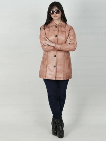 Womens Pink Congac Waxed Button Down Leather Coat