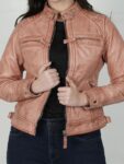 Womens Real Leather Pink With Cognac Wax Motorcycle Jacket