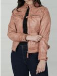 Womens Real Leather Pink With Cognac Wax Motorcycle Jacket