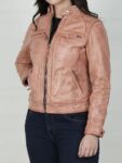 Womens Real Leather Pink With Cognac Wax Motorcycle Jacket