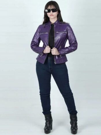 Womens Real Leather Purple Cafe Racer Jacket