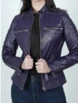 Womens Real Leather Purple Cafe Racer Jacket