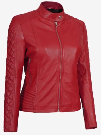 Women's Real Leather Red Quilted Cafe Racer Jacket. (2)