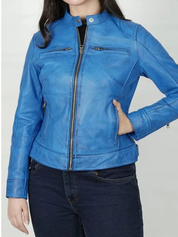 Womens Sky Blue Waxed Leather Jacket.