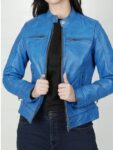 Womens Sky Blue Waxed Leather Moto Jacket