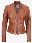 Women’s Slim Fit Tan Waxed Biker Leather Jacket.