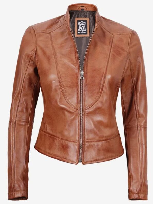 Women's Slim Fit Tan Waxed Biker Leather Jacket.