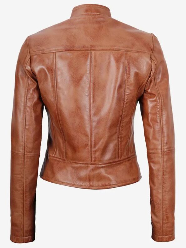 Women's Slim Fit Tan Waxed Biker Leather Jacket