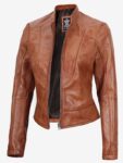 Women’s Slim Fit Tan Waxed Biker Leather Jacket.