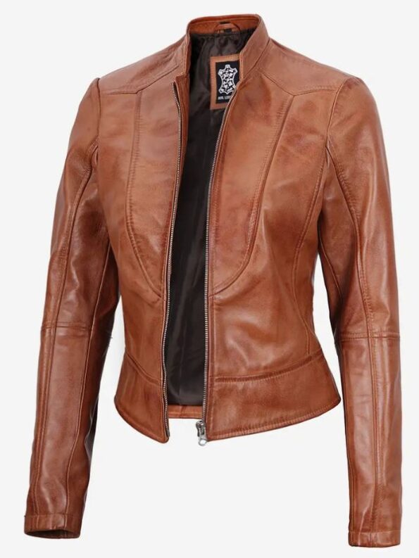 Women's Slim Fit Tan Waxed Leather Jacket