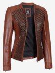 Women;s Brown Textured Leather Biker Jacket.