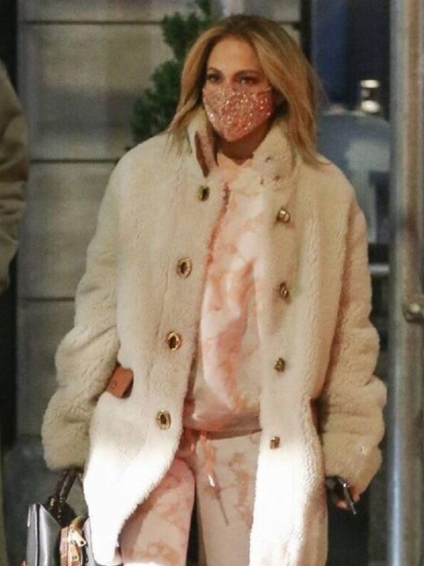 Jennifer Lopez American singer White Shearling Fur Coat.