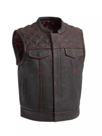 Men Black & Orange Diamond Leather Vest.