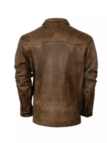 Men Distressed Brown Leather Biker Shirt Jacket