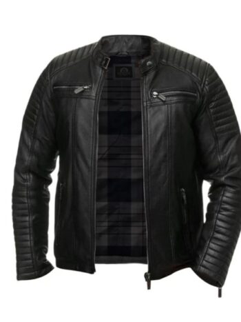 Men Quilted Biker Black Jacket