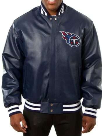 Tennessee Titans Navy Blue Varsity Leather Jacket.