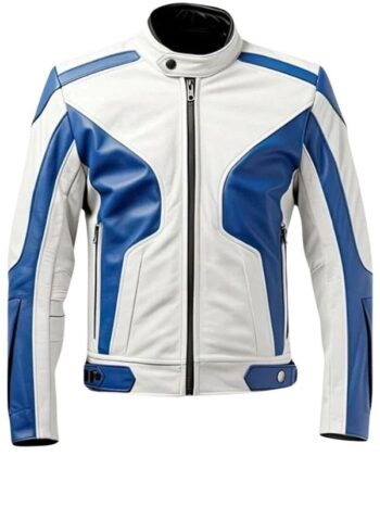 White and Blue Lambskin Biker Jacket.