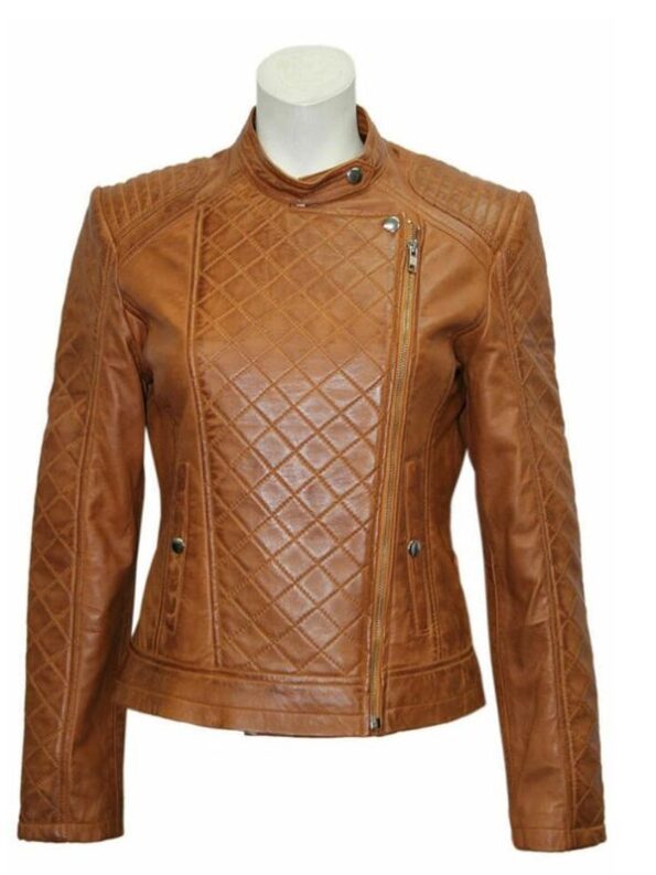 Women Slim Fit Brown Quilted Leather Jacket.