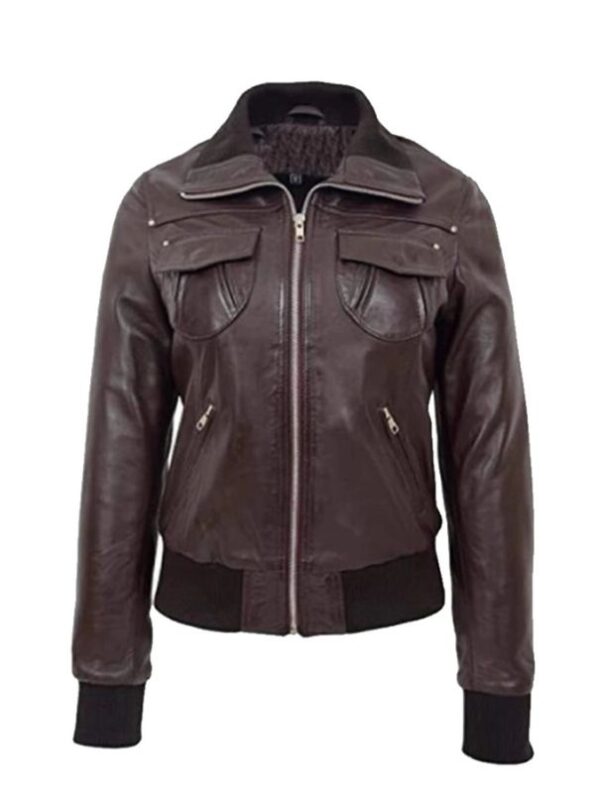 Women’s Brown Leather Bomber Jacket.